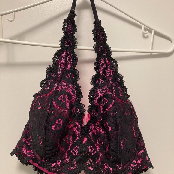 34C Lacy La Sanza Halter Style Bra  Hot Pink and Black Lace - Picture 1 of 2